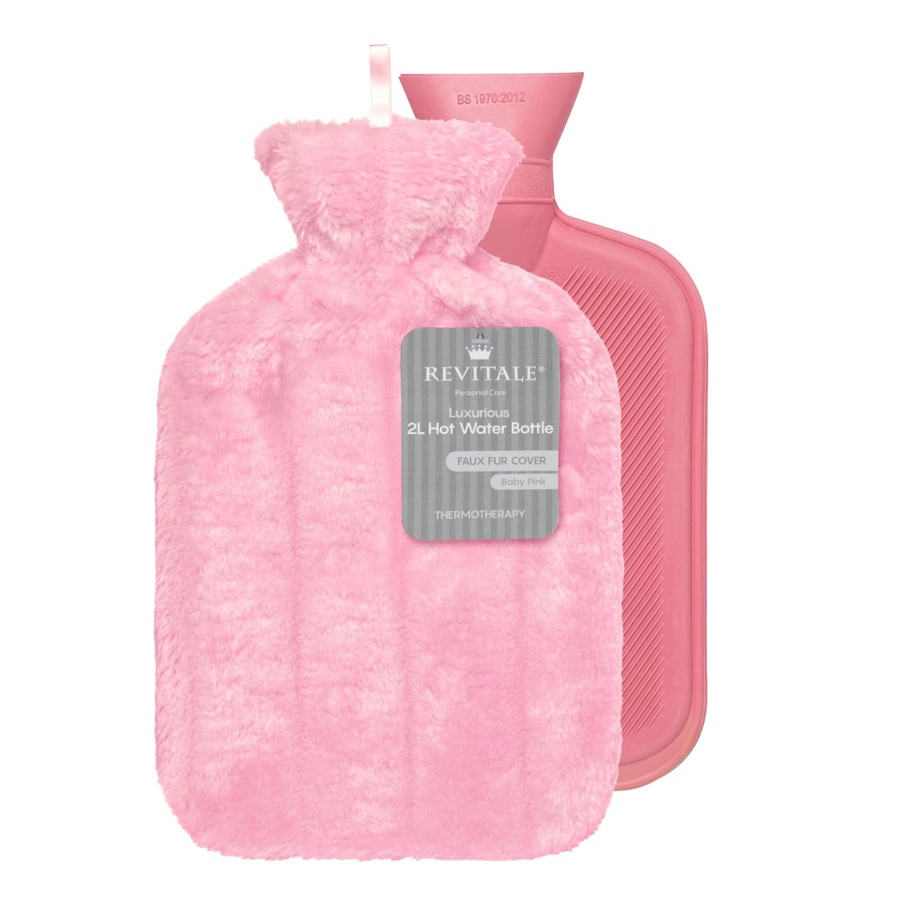 Revitale Luxury Cosy Hot Water Bottle 2 Litre, Soft Cover, Single Ribbed Natural Rubber 2025, British Standard BS1970:2012, Durable & Leak-Resistant (Baby Pink)