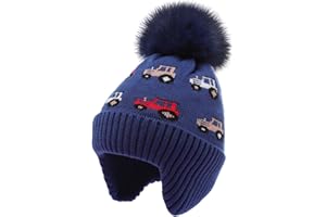 ACTLATI Kids Beanie with Ear Flaps for Boys Girls Pom Knit Hats Fleece Lining Winter Outdoor Skull Snow Ski Cap Age 2-10