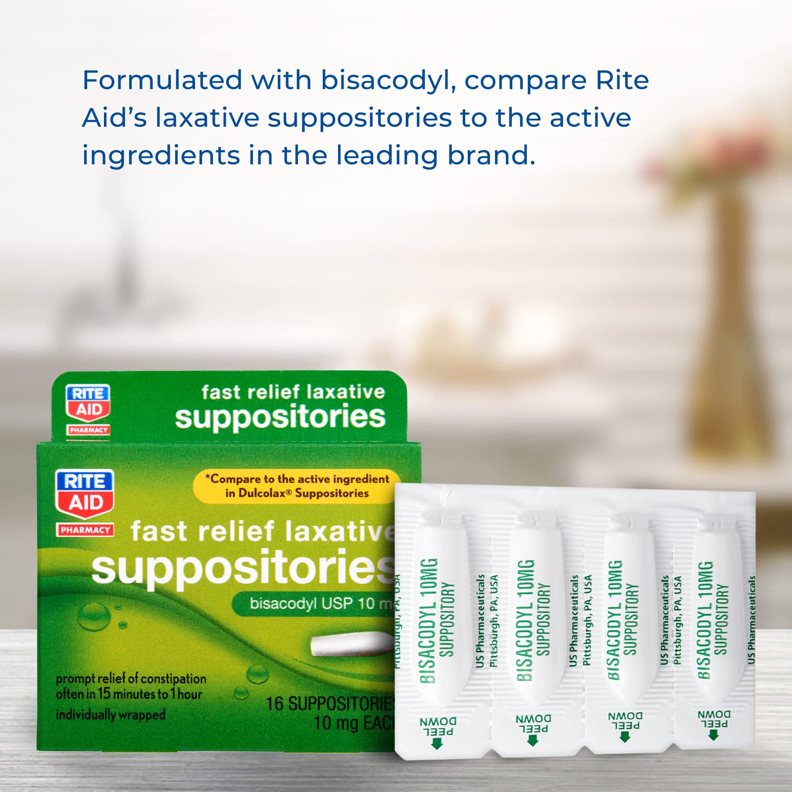 Rite Aid Fast Relief Laxative Suppositories, Bisacodyl USP, 10mg - 16 Count | Stimulant Laxative | Constipation Relief | Works in 15 Minutes to 1 Hour | Relief of Constipation | Laxative Suppository