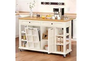 DWVO Kitchen Island with Drop Leaf, Tilt Out Trash Can Cabinet, Mobile Storage Islands with Power Outlet, Americana Rolling Island Table on Wheels with Open Shelves for Dining Room, Off White
