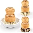 SUBEKYU Bamboo Dish Scrub Brushes, Kitchen Wooden Cleaning Scrubbers Set for Washing Cast Iron Pans/Pots, Set of 3