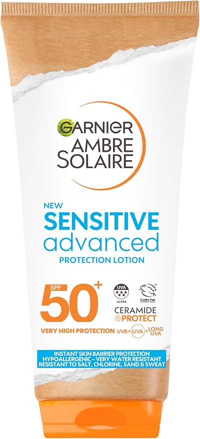 Garnier Ambre Solaire Sensitive SPF50+ Face Body Sun Cream Water Resistant 175ml