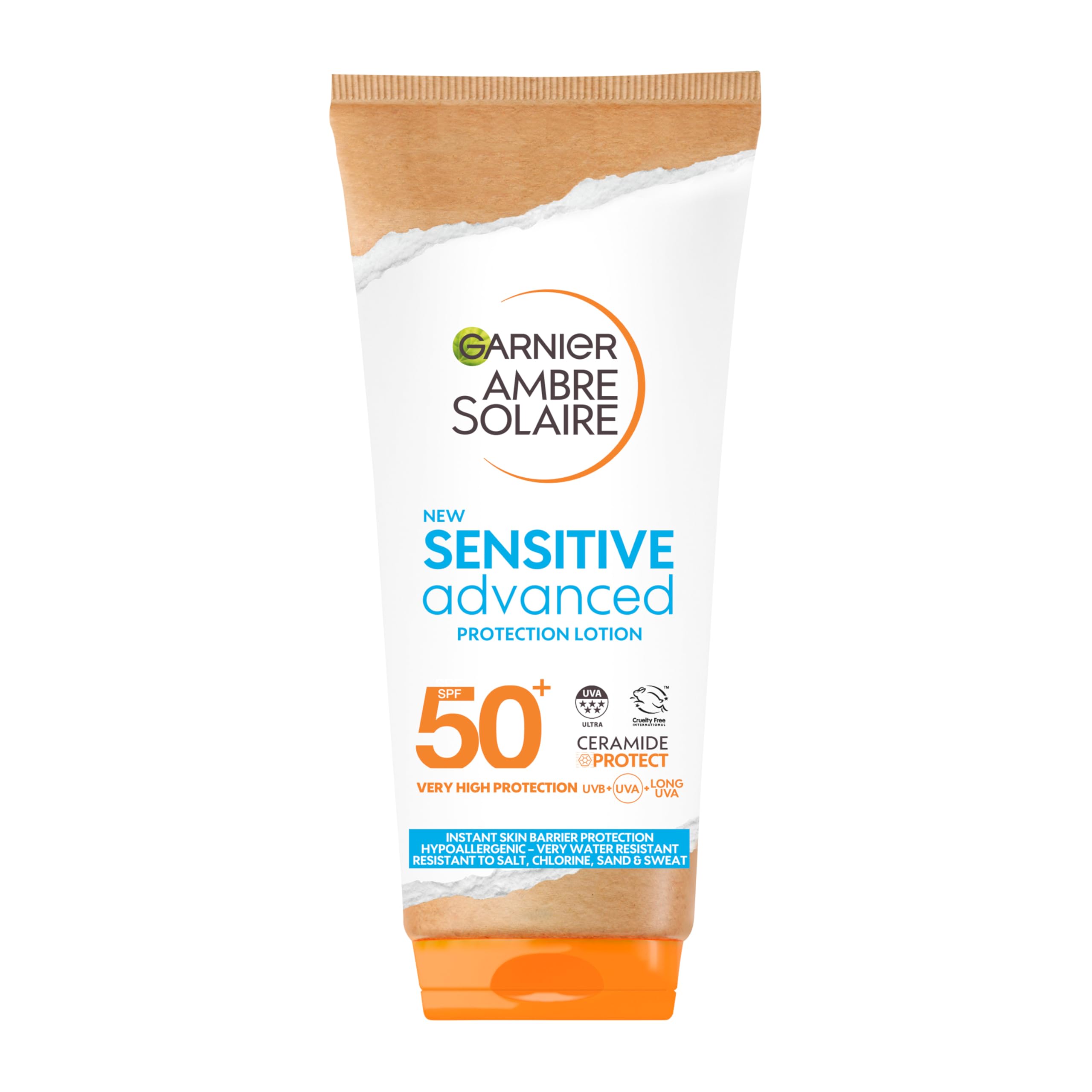 Garnier Ambre Solaire Sun Cream Face SPF 50+ Sensitive Advanced Sunscreen Body, High Protect, Water Resistant, Non-Greasy, Hypoallergenic, Fragrance-Free, UVA UVB Protect with Ceramide, 175ml