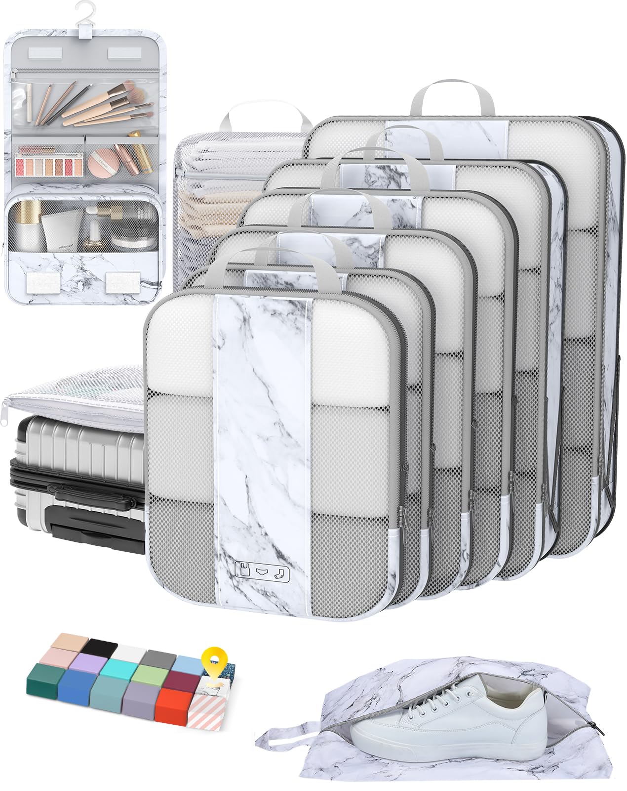 Photo 1 of 10 Set Compression Packing Cubes for Travel Essentials,Compressible Expandable Packing Cubes for Suitcase,OlarHike Luggage Organizer Bags for Travel,Handy Helper for Organizing Clothes(White Marble)