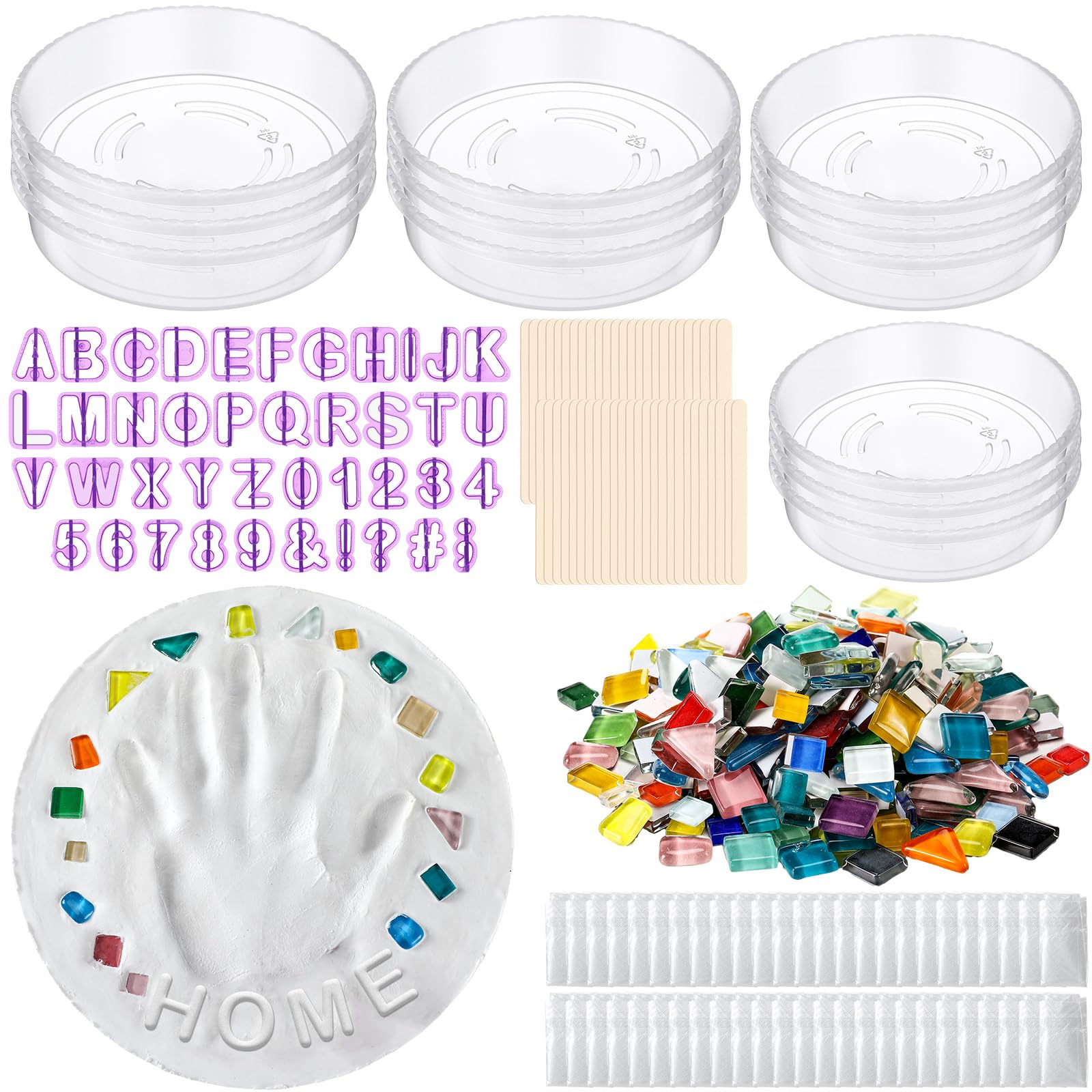 Photo 1 of Jetec 12 Set DIY Stepping Stone Mold Kit for Creating Stepping Stones Garden Markers Round Concrete and Number Lette Mold Mosaic Tiles Plastic Disposable Gloves Wooden Sticks (No Concrete Mix)