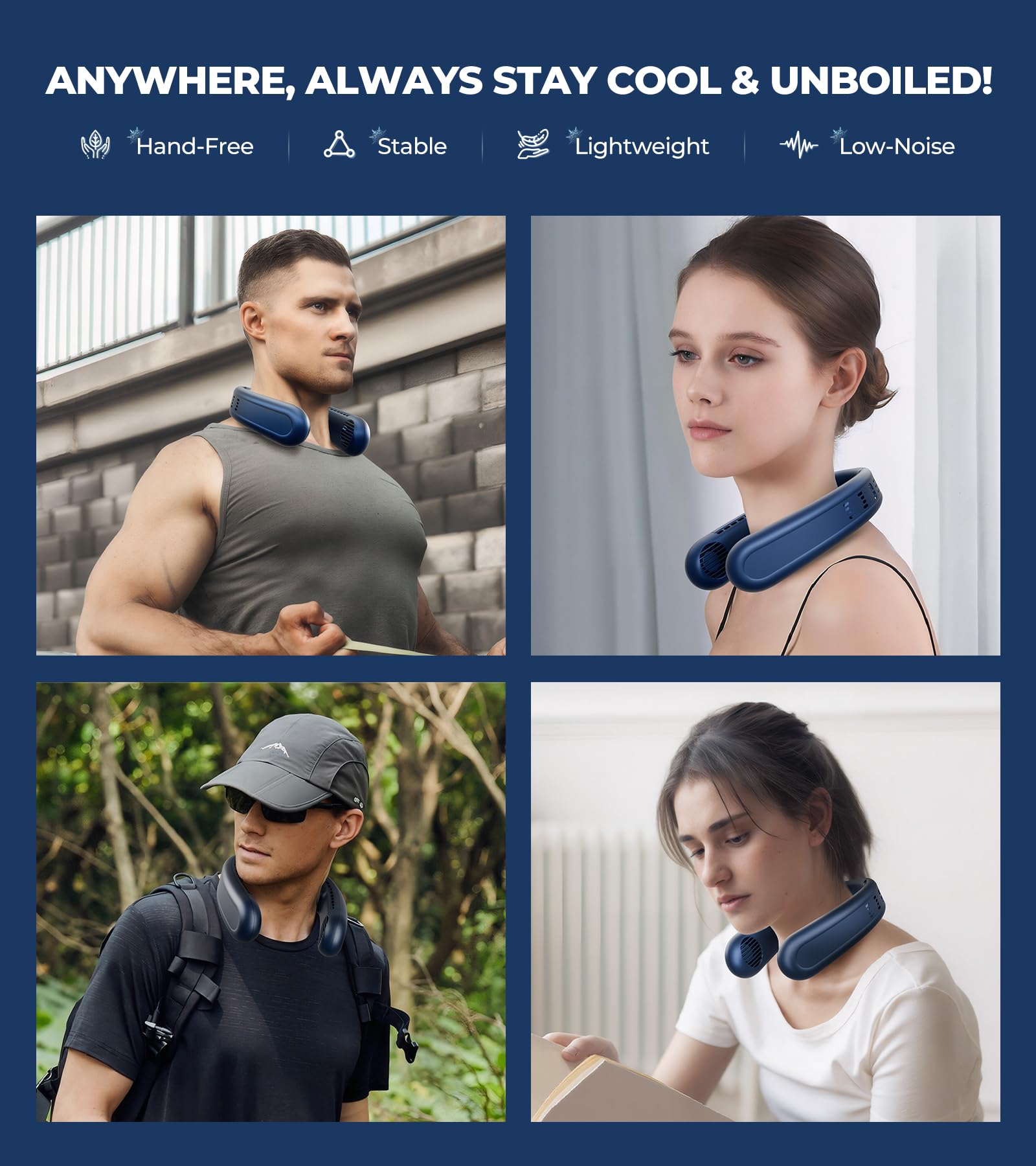 Neck Fan with Dual Ceramic Cooling Plates, 3-Speed 30℉ Instant Cool-Down, 360° Bladeless Cooling Airflow, Rechargeable Lightweight Personal Fan Strengthen