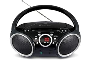 SINGING WOOD 030C Portable CD Player Boombox AM FM Analog Tuning Radio, Aux Line in, Headphone Jack, Foldable Carrying Handle (Black with a Touch of Grey Rims)