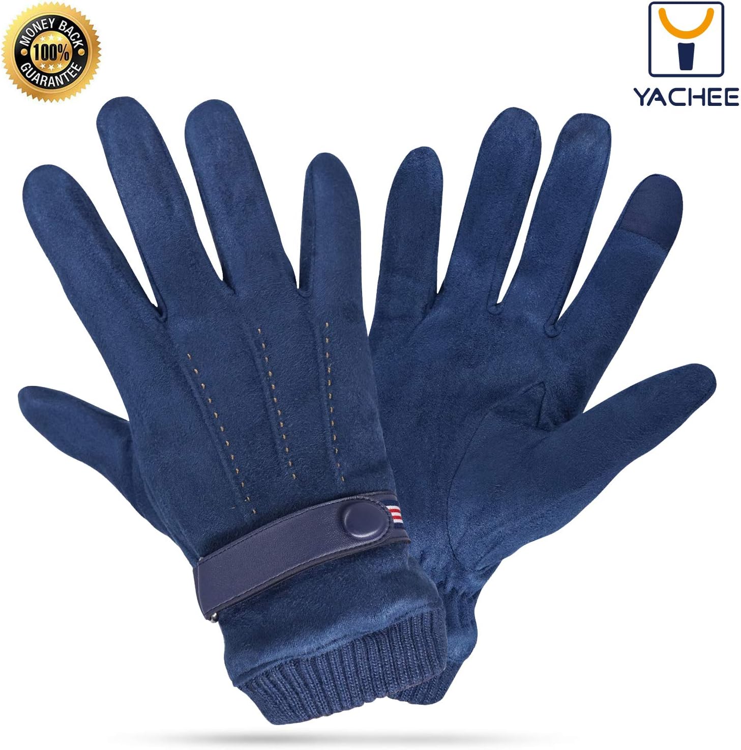 Yachee Winter Gloves, Genuine Deerskin Suede Leather Windproof Cold Proof Thermal Driving Glove with Thick Fleece Lining, Keep Warm in Cold Weather for Men and Women - Black/Gray/Blue