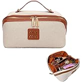 QRZLP Large Capacity Cosmetic Bag, Travel Makeup Bag for Women Portable Open Flat Toiletry Bag Make up Organizer with Divider and Handle, Brown.