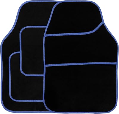 Streetwize Velour Car Floor Mat Set Black 4 Pcs Anti-Slip with Blue Binding
