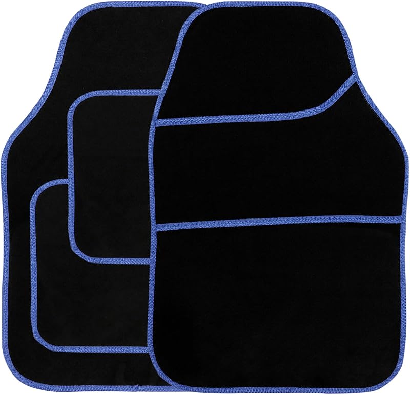 Streetwize Velour Car Floor Mat Set Black 4 Pcs Anti-Slip with Blue Binding