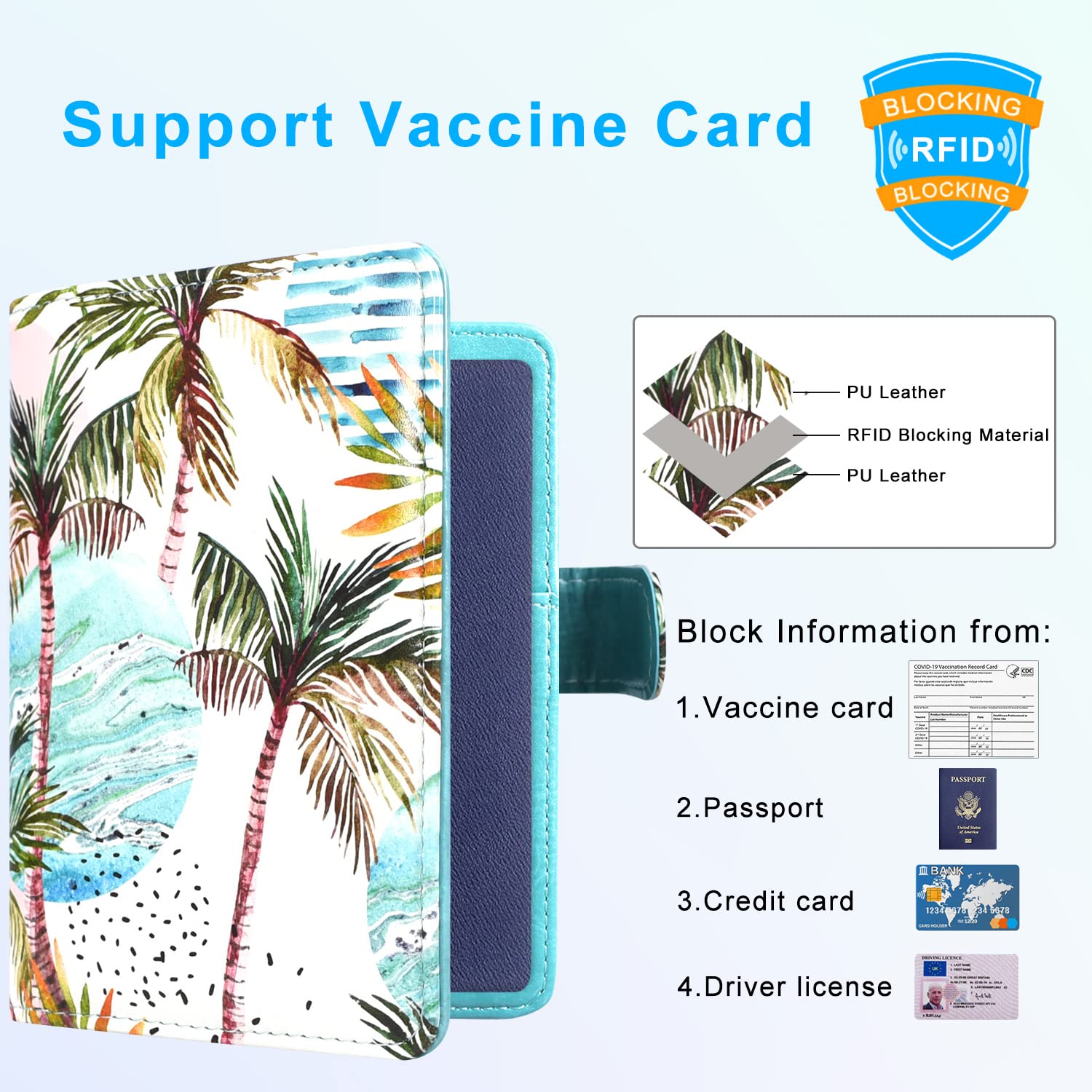 ACdream Passport and Vaccine Card Holder Combo, Cover Case with CDC Vaccination Card Slot, Leather Travel Documents Organizer Protector, with RFID Blocking, for Women and Men- Coconut tree