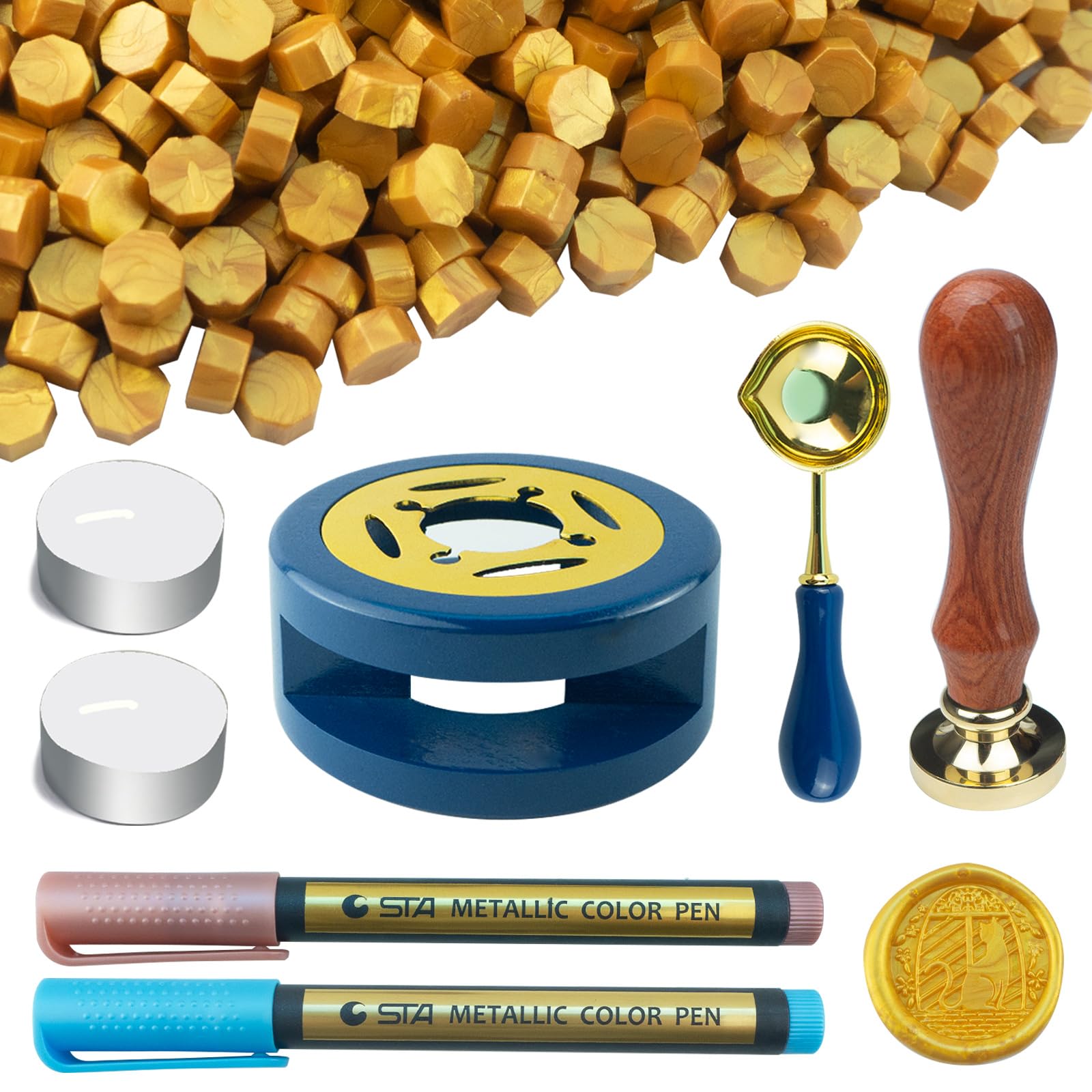 Tomgenrine Wax Seal Kit with 500 Gold Wax Beads | Includes Wax Seal Warmer, Stamp and Melting Spoon