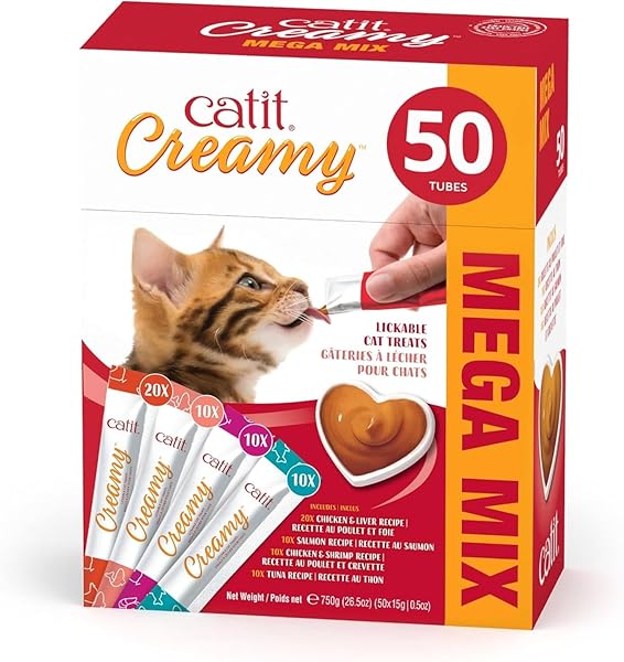 CATIT CREAMY LICKABLE CAT TREAT – HEALTHY VARIETY OF FLAVORS, 50 PACK, HAND-FEED OR SERVE, NUTRIENT-RICH SQUEEZE TUBE, 0.5 OZ EACH
