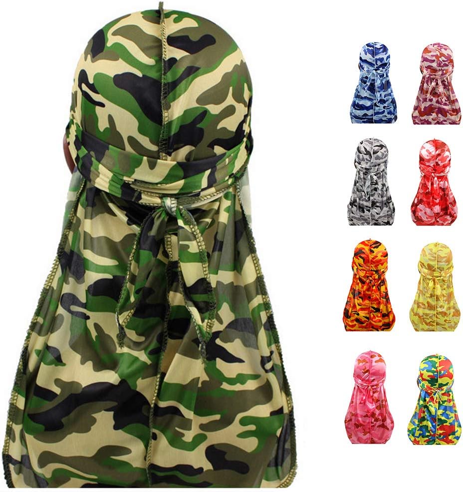 SejardinColorful Military Camouflage Waves Long Tail Caps Bandana Turban Silky Durag Headwraps for Men and Women