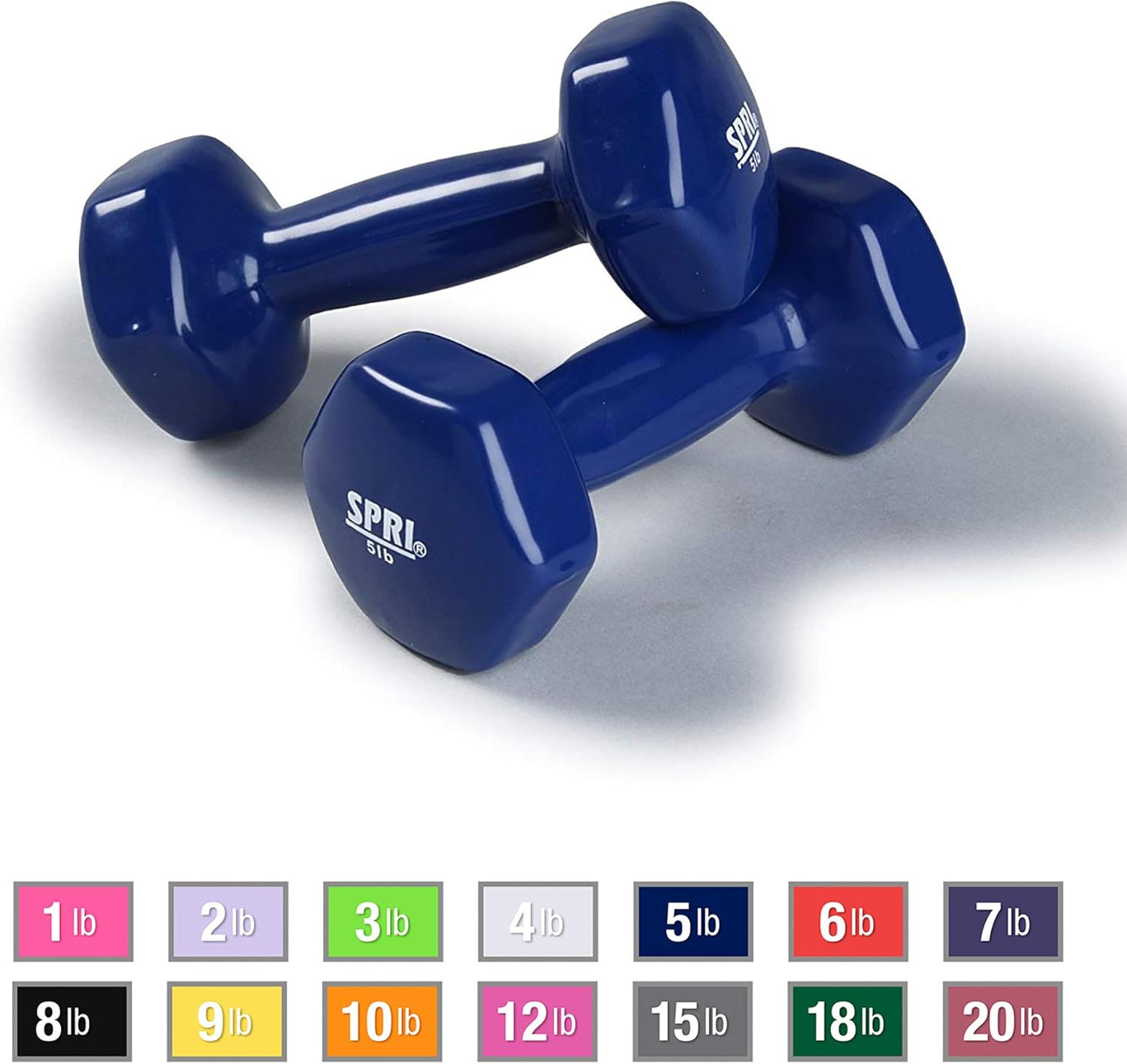 SPRI Deluxe Vinyl Dumbbells (Dark Blue, 5Pound, Set of 2), Dumbbells