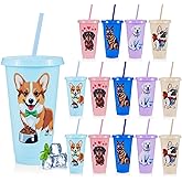 YLFYCOM 15 Pcs Dog Party Favors Cups with Lids and Straws, 24 oz Plastic Drink Cups Reusable Bulk Cute Dog Tumblers for Puppies Theme Party Supplies Birthday Party Gifts