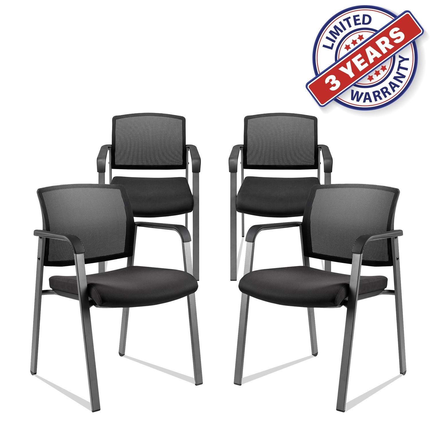 Mesh Back Stack Arm Chairs with Upholstered Fabric Seat and Ergonomic Lumber Support for Office School Church Guest Reception Black 4 Pack Set New Version