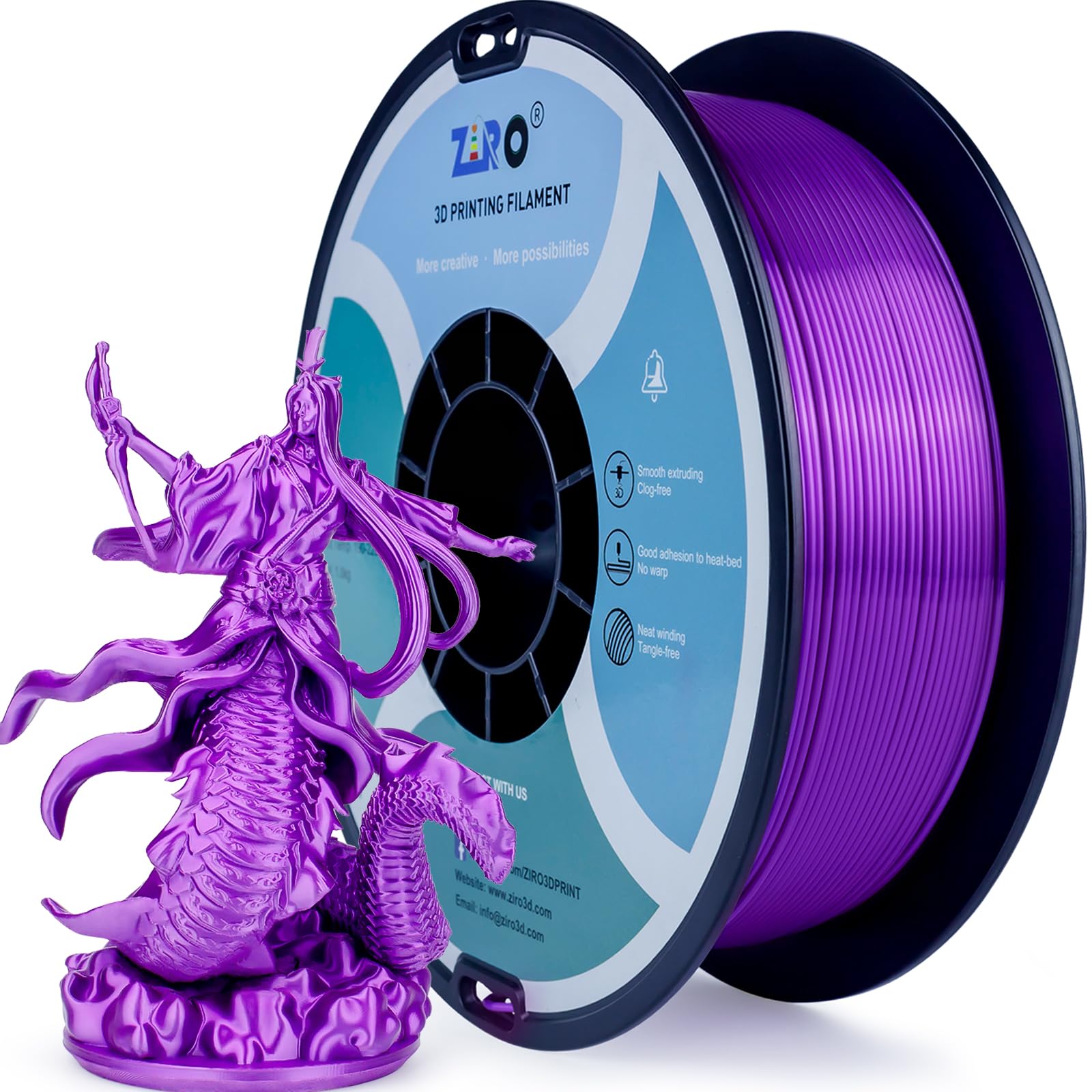 ZIRO PLA Silk Filament 1.75mm, 3D Printer Filament PLA Silky Series 1.75mm 1KG(2.2lbs), Dimensional Accuracy +/- 0.03mm, Purple