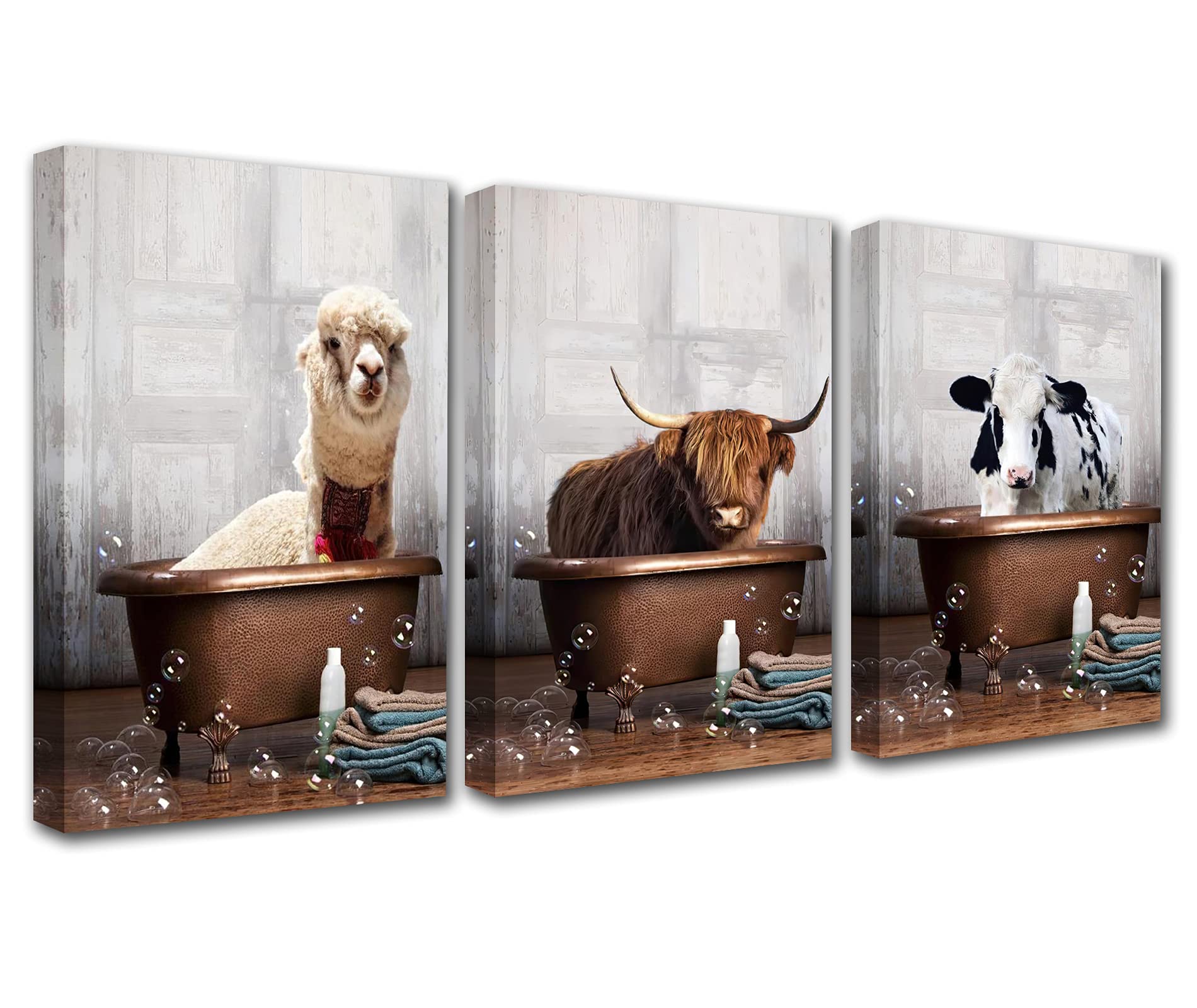 Popluar Wall Decor Animals in the Bathtub Paintings 3 Panel Canvas Alpaca,Waste Cattle,Cows Art Contemporary Home Decor for Living Room Wooden Framed Ready to Hang Posters and Prints-42''X20''