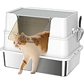 PawHut XL Stainless Steel Cat Litter Box with Lid, Extra Large Covered Cat Litter Box for Indoor Kittens with FILP Top, Scoop