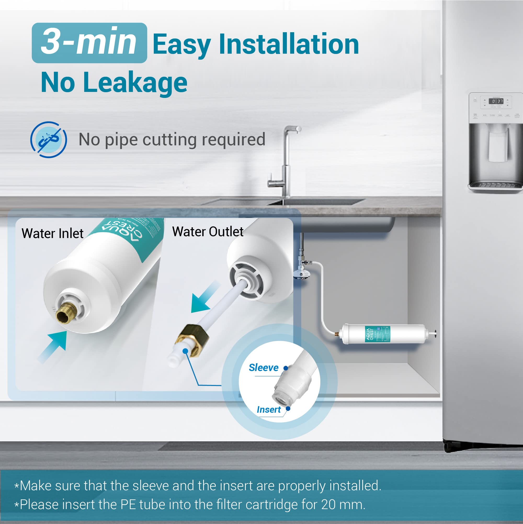 AQUACREST In-Line Water Filter for Refrigerator and Ice Maker, 5 years or 10,000 Gallons High Capacity, 1/4-Inch Direct Connect Fittings, Reduces Chlorine, Bad Taste & Odor