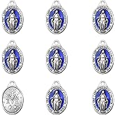 YionZian 50Pieces Small Metal Oval Blue Enamel Our Lady Religious Medal Charm Jesus Virgin Mary Pendants for Diy Bracelet Necklace Jewelry Making Supplies