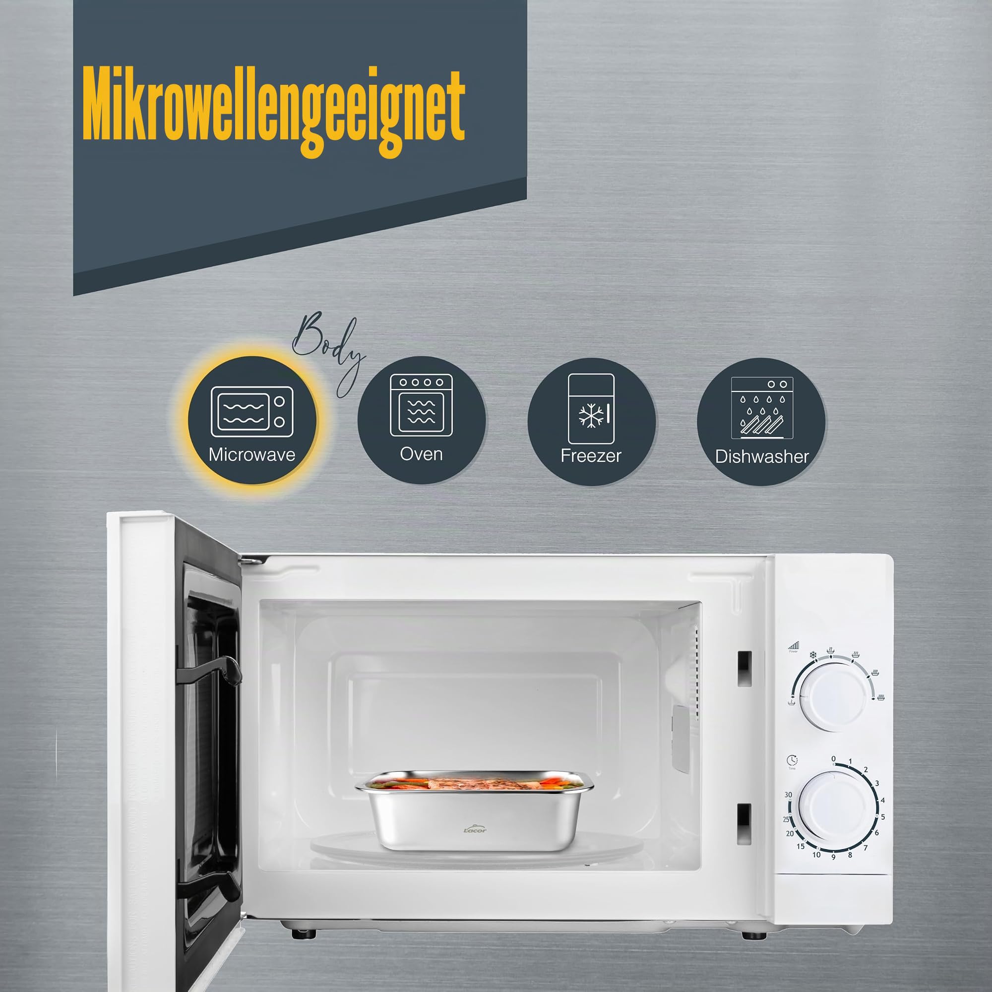 LACOR 64617 - Set mit 3 Behältern für Lebensmittel, Ecoinox, Edelstahl 18/10, 800/1200/1800 ml, geeignet für Mikrowelle, Backofen, Gefrierschrank und Spülmaschine, luftdicht, BPA-frei 4