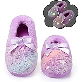 Girls Memory Foam House Slippers with Glow in the Dark, Non-Slip Comfy Faux fur fuzzy Ribbon Bow Slippers for Kids Bedroom Indoor Outdoor