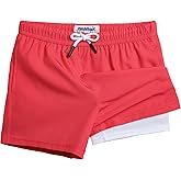 maamgic Boys Swim Trunks with Compression Liner 4-Way Stretch Quick Dry Bathing Suit Toddler Beach Shorts