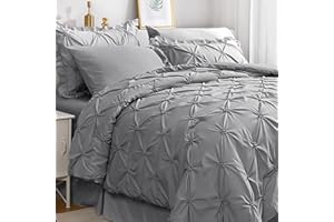 JOLLYVOGUE Grey Queen Comforter Set, 7 Pieces Pintuck Comforters Queen Size, Bed in a Bag Queen Comforter for Bedroom, Bedding Comforter Sets with Comforter, Sheets, Ruffled Shams & Pillowcases