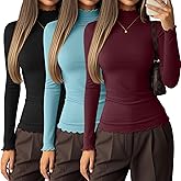 Velvelhall 3 Pack Women's Mock Turtleneck Shirts Lettuce Trim Long Sleeve Ruffle Neck Slim Fit Casual Basic Tight Tops(Black, Gray Green, Burgundy,X-Large)