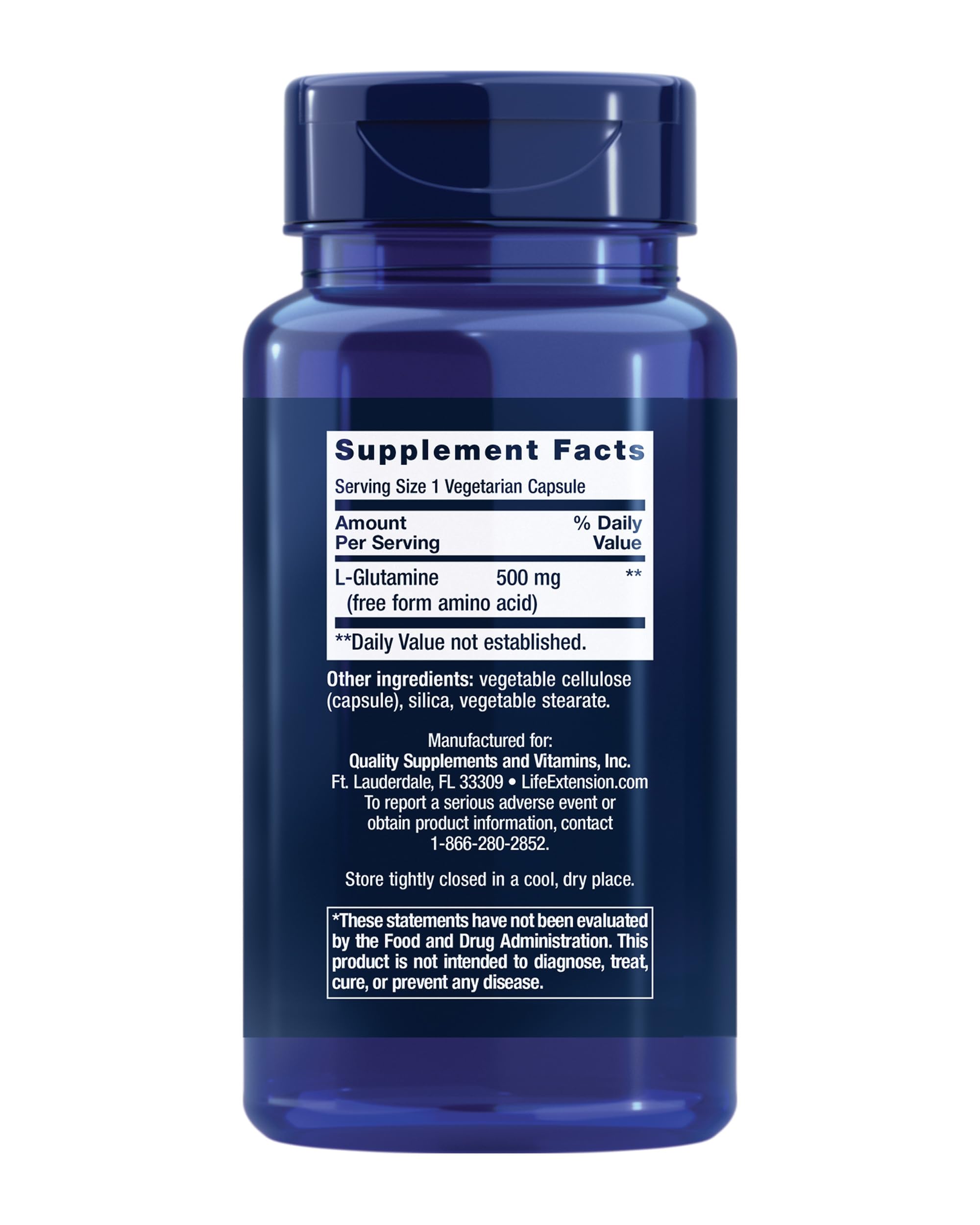 Life Extension L-Glutamine, 500 mg L-glutamine, Amino Acid, Supports Muscle Health and Immune Health, Gluten-Free, Non-GMO, 100 Vegetarian Capsules