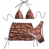 BEAUDRM Women's 3 Piece Bikini Sets Floral Triangle Thong Bikini High Cut Swimsuit String Bathing Suit with Cover Up Skirt