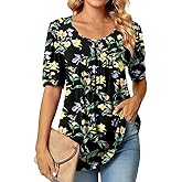 POPYOUNG Women's Tunic Loose Fit Dressy Blouse Ladies Elbow Sleeve Tops Wear with Leggings