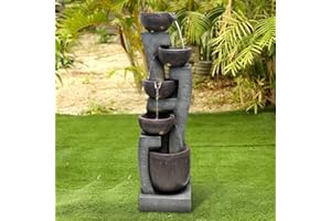 Naturefalls 43.7" H 5-Tier Garden Outdoor Water Fountain with LED Lights Modern Floor-Standing Waterfall Feature Natural Polyresin Looking Stone Fountain for Garden Patio Court Yard Deck