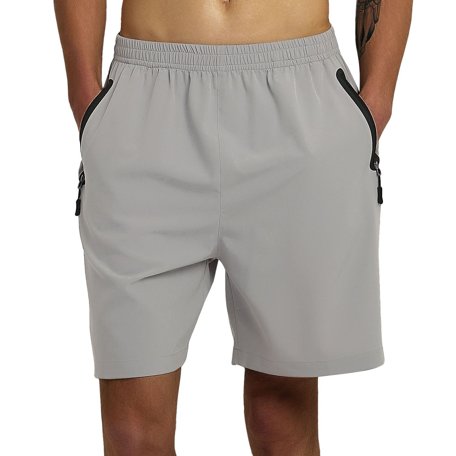 SuperArt Men\'s Gym Shorts Outdoor Sports Running Beach Shorts Lightweight Quick Dry Shorts Reflective Zipper Pockets (Light Grey, Large)