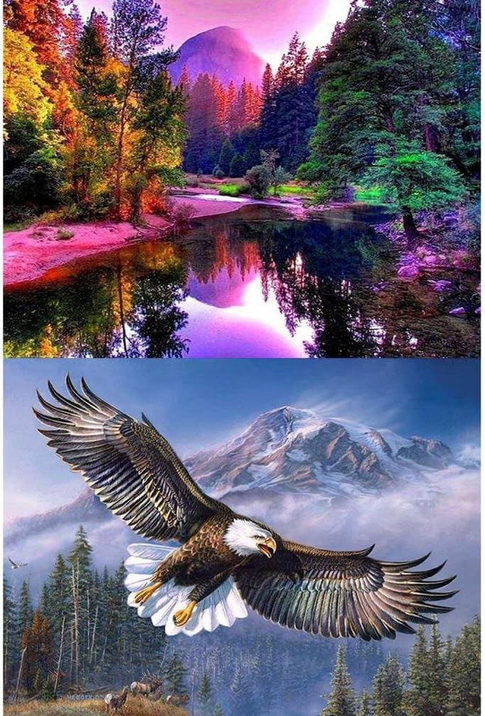 2-Pack 5d Full Drill Diamond Art Painting Kits for Adults Kids for Office Home Wall Decor Forest & Flying Eagle, 12x16 Inches