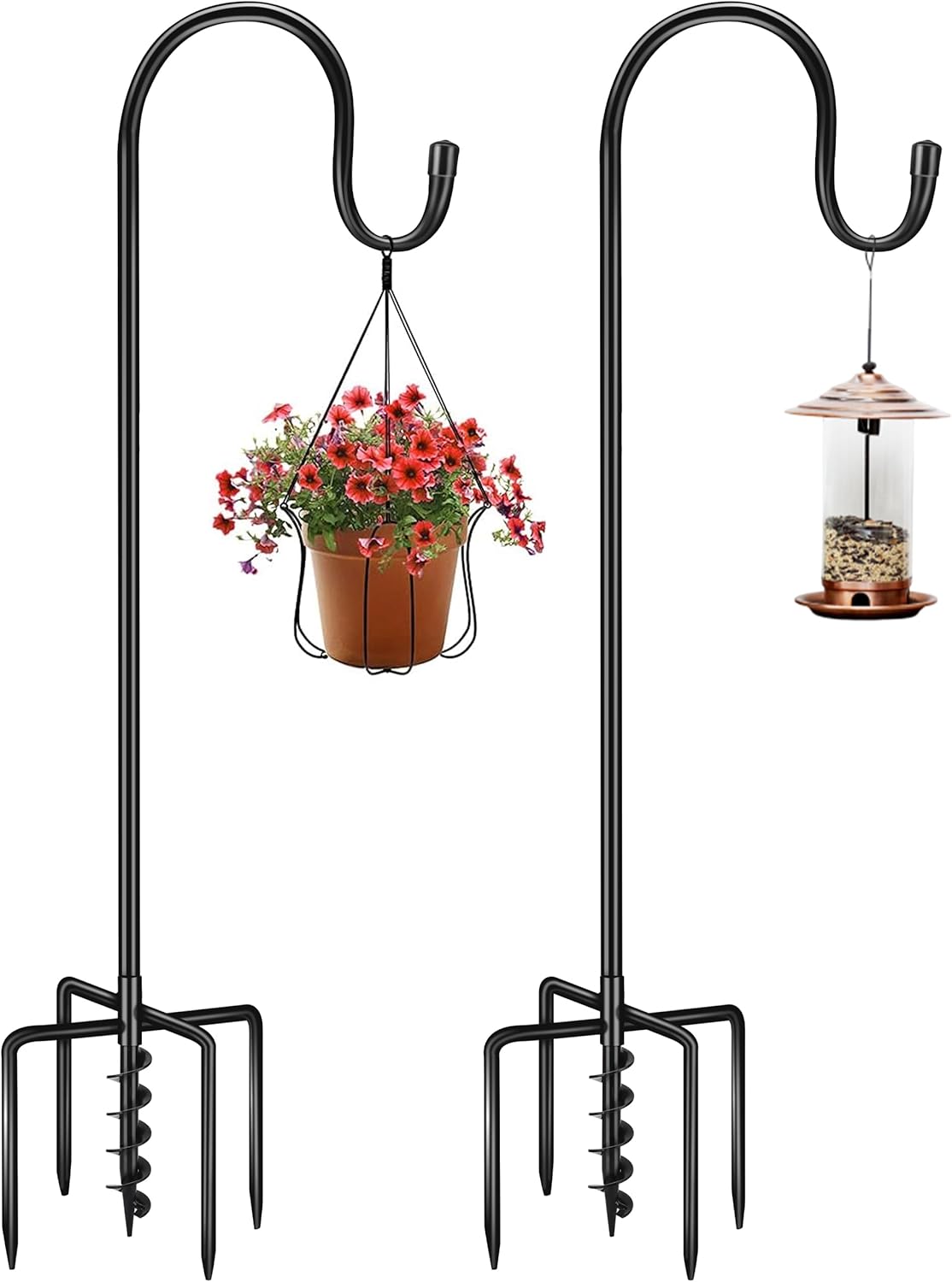 Outdoor Shepherd's Hooks - JOYSEUS Shepherd Hook with Auger Drill Bit 5 Prong Bases, 2 Pack - 63 Inches High 3/5 Inch Thick Adjustable Rust Resistant Shepards Hooks for Bird Feeder, Plant Hanger, Metal Hanger Hooks.