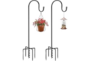 JOYSEUS Shepherd Hook with Auger Drill Bit 5 Prong Bases, 2 Pack - 63 Inches High 3/5 Inch Thick Adjustable Rust Resistant Shepards Hooks for Bird Feeder, Plant Hanger, Metal Hanger Hooks.