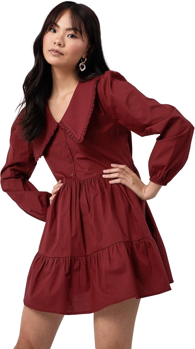 Women's Red Collared Cotton Tiered Mini Dress Amazon.co.uk Clothing