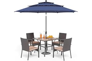 PHI VILLA 5 Pieces Outdoor Dining Set with Umbrella for 4, 37" Square Metal Polywood Table & Cushioned Wicker Rattan Chairs & 10ft Red Umbrella Furniture for Patio, Deck, Yard, Porch