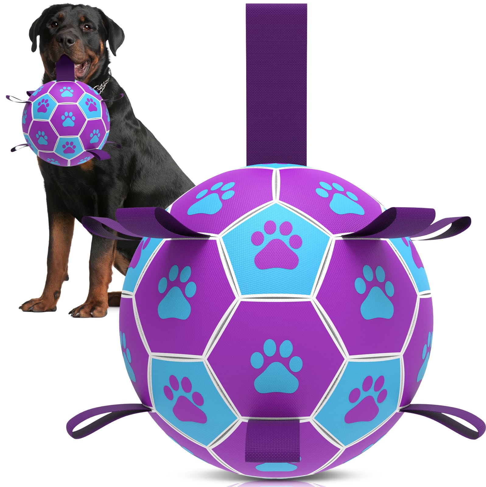 Photo 1 of QDAN Dog Toys Soccer Ball - Durable Dog Balls with Strap for Medium Small Dogs, Puppy Birthday Gifts, Dog Tug Toy for Tug of War (8 Inch)