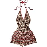 Milumia Women's Leopard Print Sleeveless Halter Romper Y2K Contrast Binding Shorts Jumpsuit