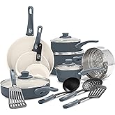 GreenLife Soft Grip 16 Piece Cookware Set, Non-Toxic PFAS-Free Ceramic Nonstick, Frying, Sauce, Saute, Utensils, Glass Lids, 