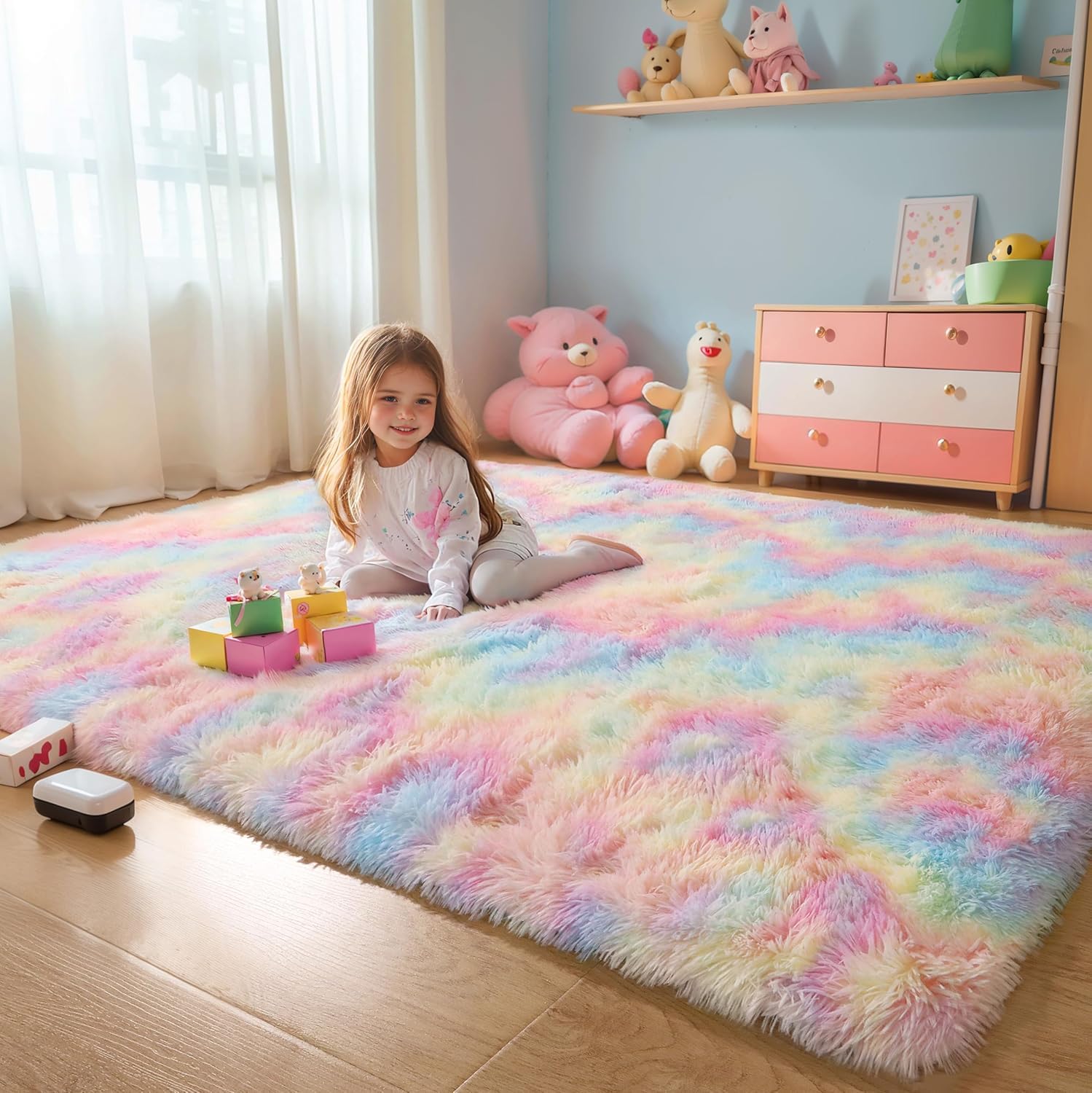 Oxford Homeware Rugs Living Room 120 x 170 cm – Fluffy Shaggy Rainbow Area Rugs for Bedroom, Lounge – Super Soft Non Slip Rug Washable Modern Floor Carpets Bedside Rug for Kids Room