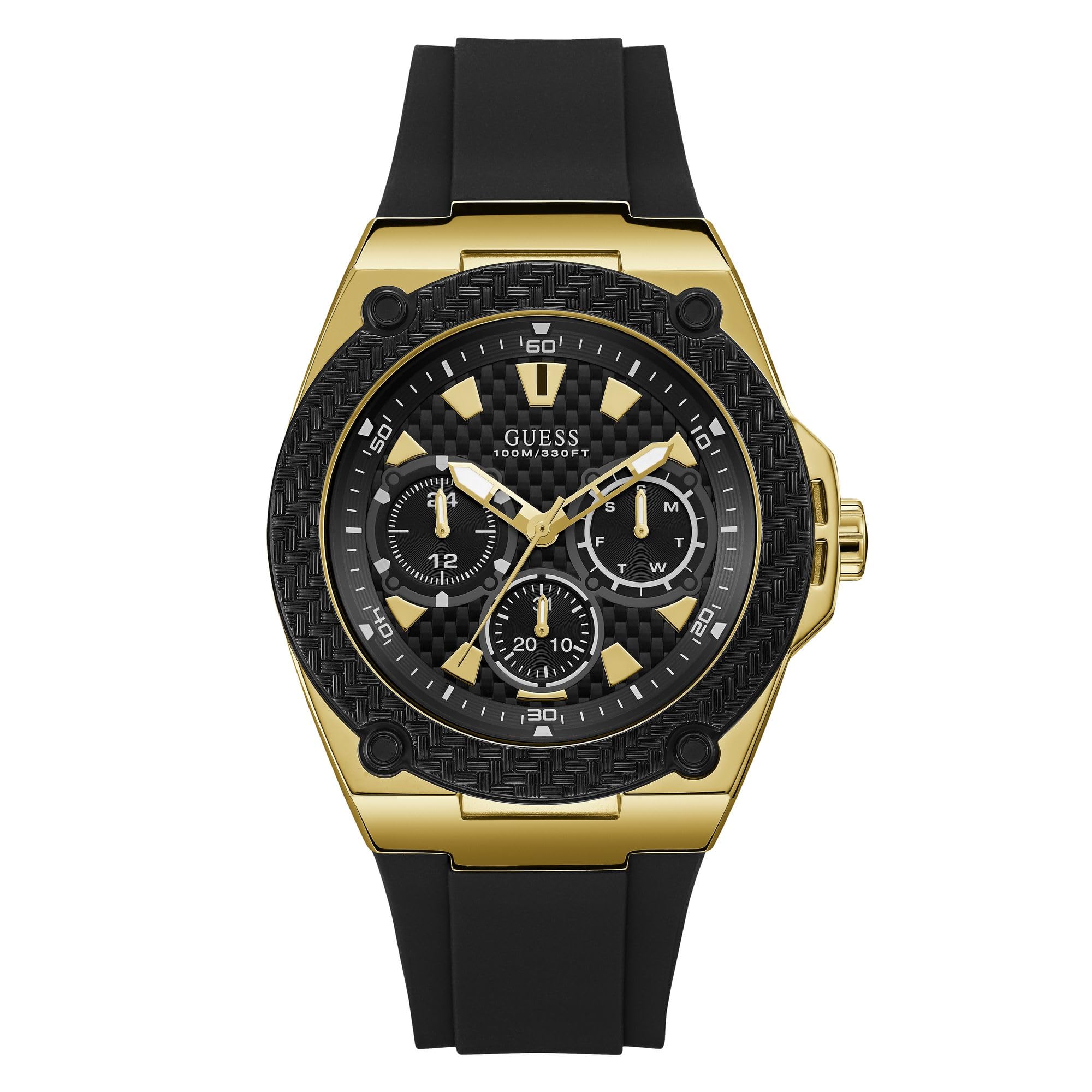 GUESS Cómodo reloj de silicona negro resistente a las manchas con día en tono dorado, fecha + hora militar/internacional de 24 horas. Color: Negro (Modelo: U1049G5)