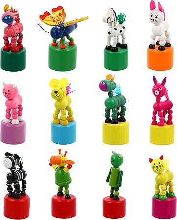 Amazon Nuobesty 12ピースキッズ木製プッシュアップおもちゃキッズフィンガーパペットウッドアニマルフィギュアプレスベースサムパペットアニマルパーティーの好意 木目込み人形 おもちゃ