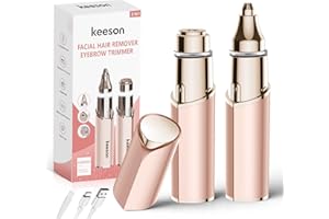 KEESON Facial Hair Removal for Women, 2-in-1 Electric Eyebrow Trimmer (with LED Light), Rechargeable Hair Removal Device Face Shaver Facial Razors for Eyebrow, Peach Fuzz, Upper Lip (Rose Gold)