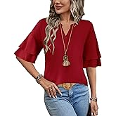 LOMON Womens Tops Ruffle Short Sleeve Blouses Fashion V Neck T Shirts Dressy Casual 3/4 Bell Sleeve Tee Spring Summer Clothes